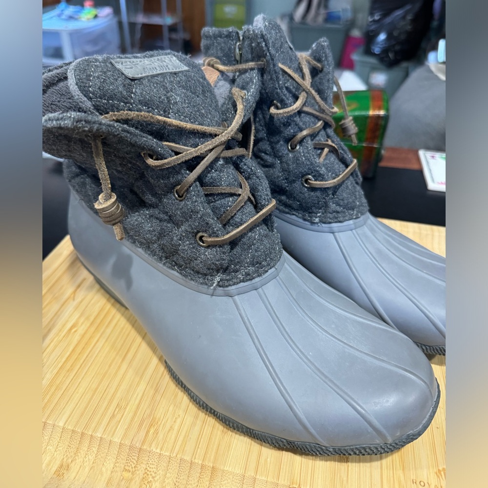 Sperry waterproof duck boot with flannel top.